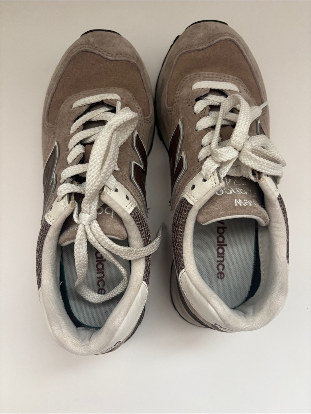 New Balance 574 Taupe Suede Sneakers with White Accents